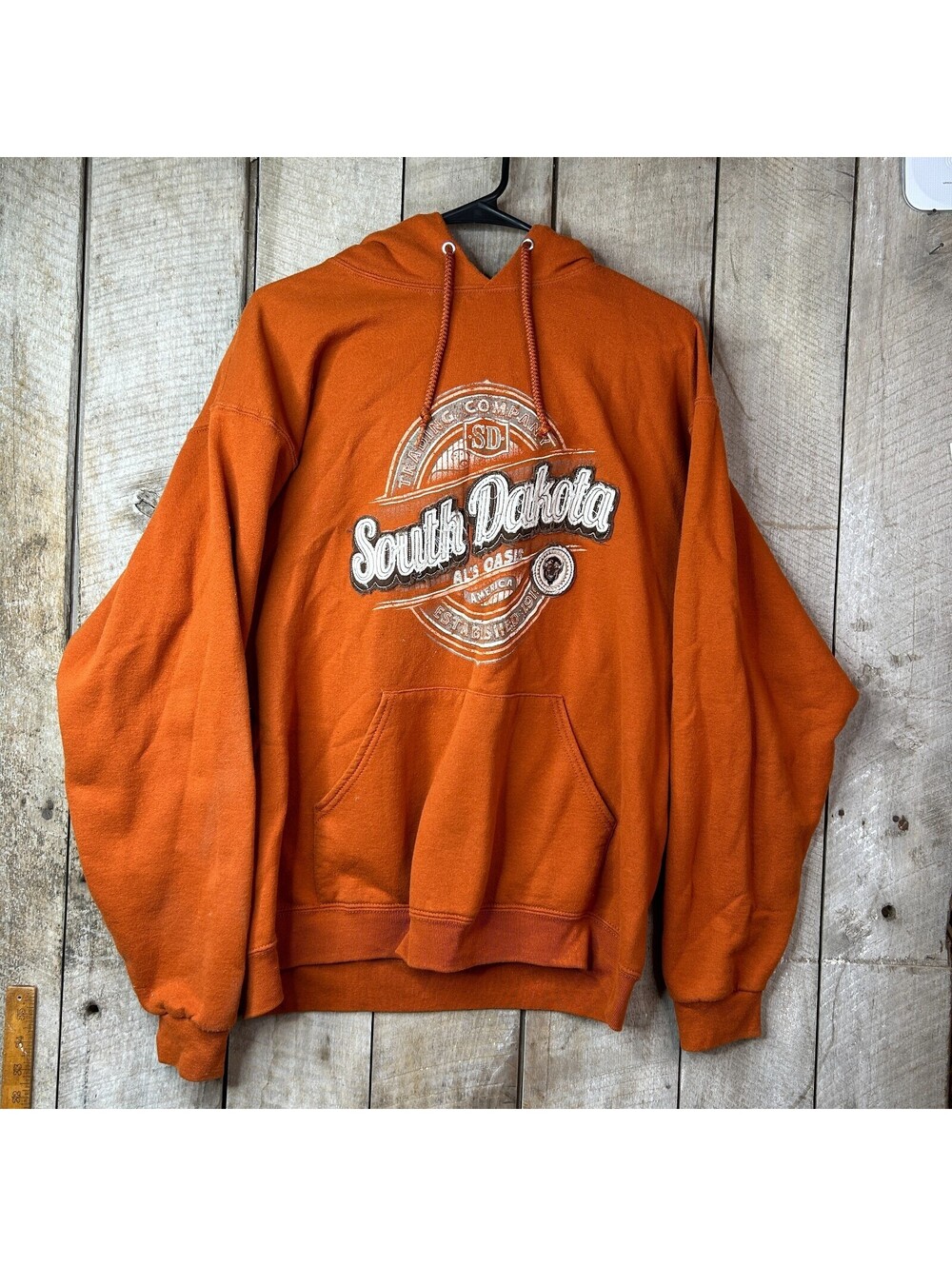 Vintage Jerzees South Dakota Hoodie Large Orange Pullover Sweatshirt